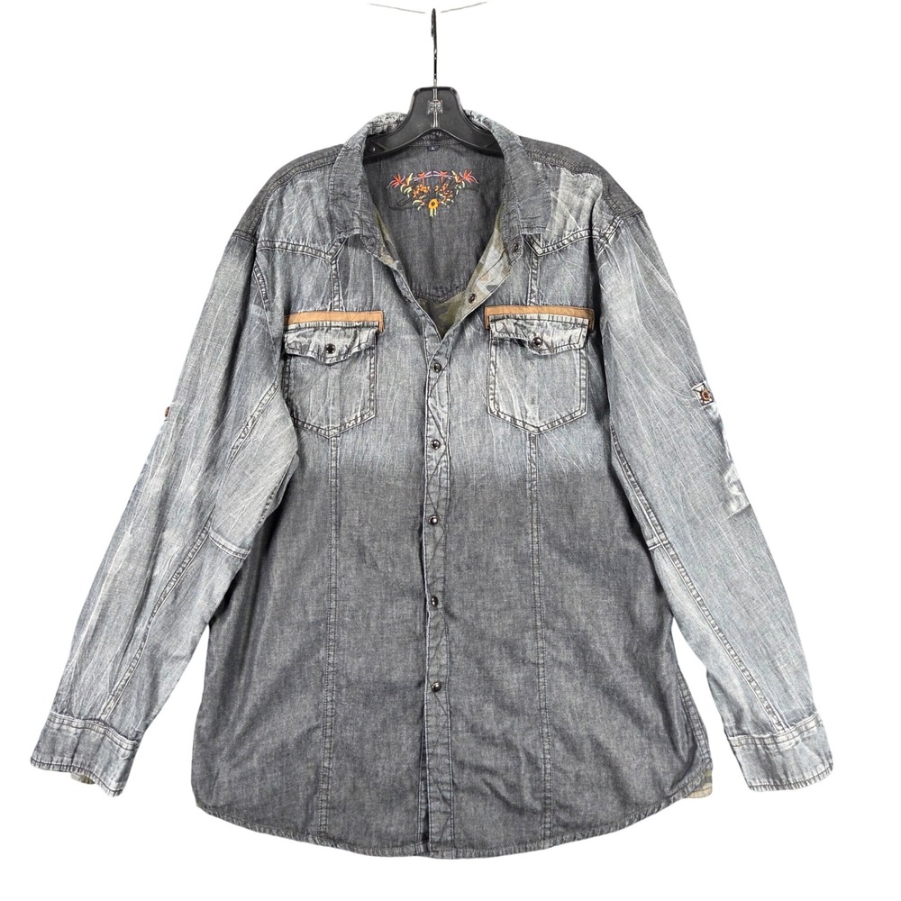 Scully Mens Grey Ombre Distressed Western Snap‎ Button Shirt Camo Cotton Y2K